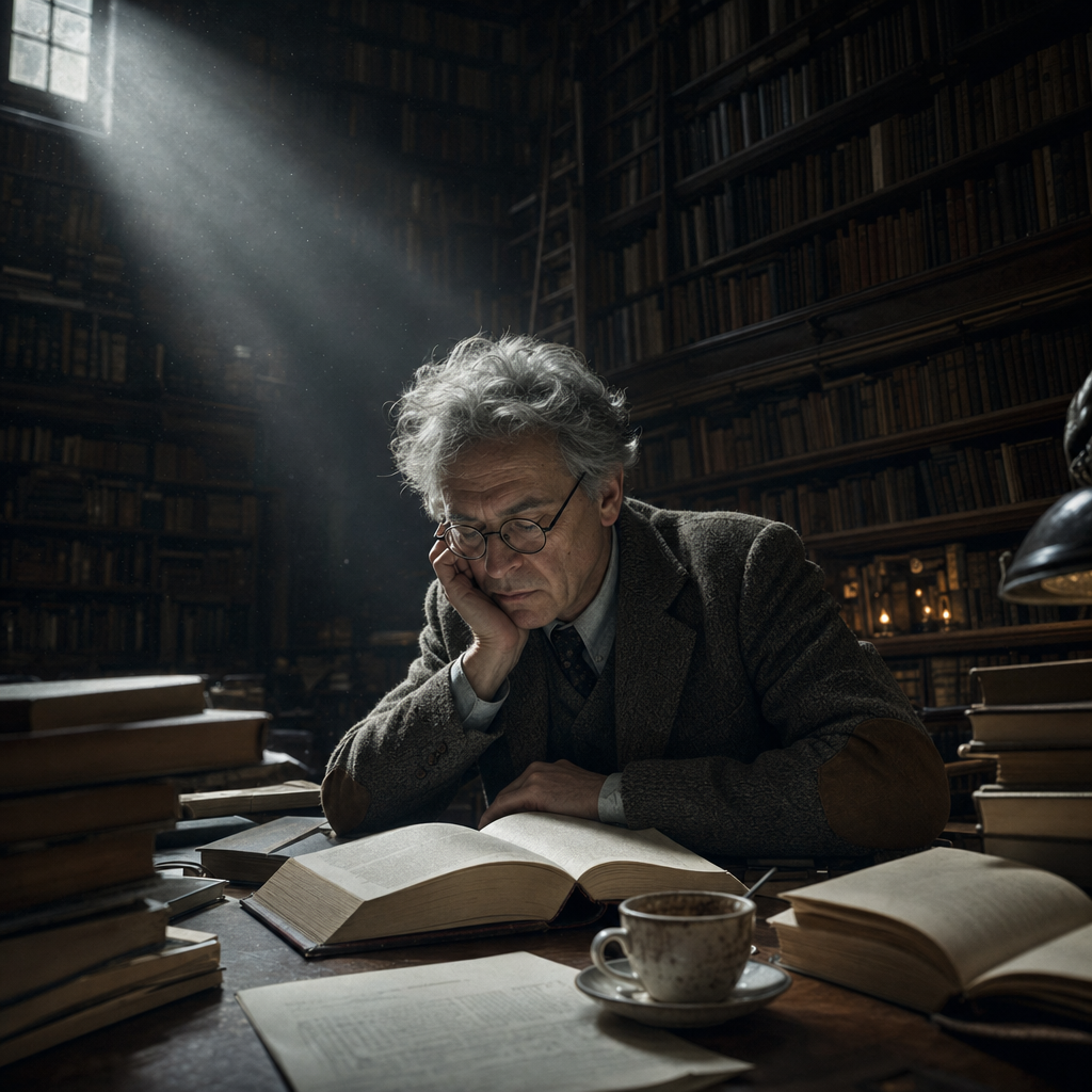 Akademik nad książkami w bibliotece pełnej książek