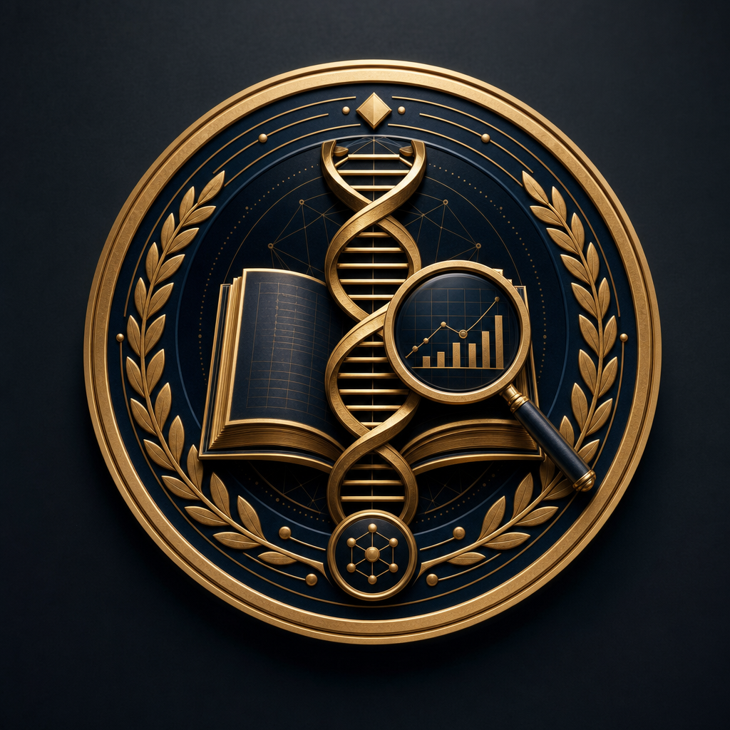 Znak jakości naukowej — emblemat w stylu certyfikatu, z DNA, książką i lupą