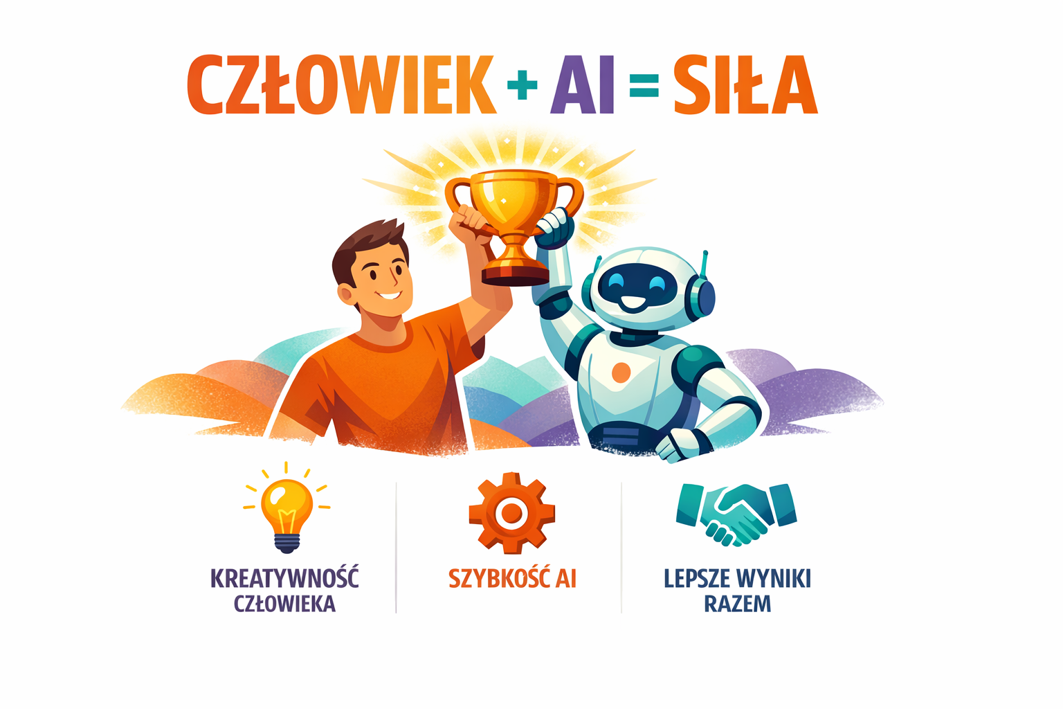 Infografika: Człowiek + AI = Siła - synergia człowieka i sztucznej inteligencji