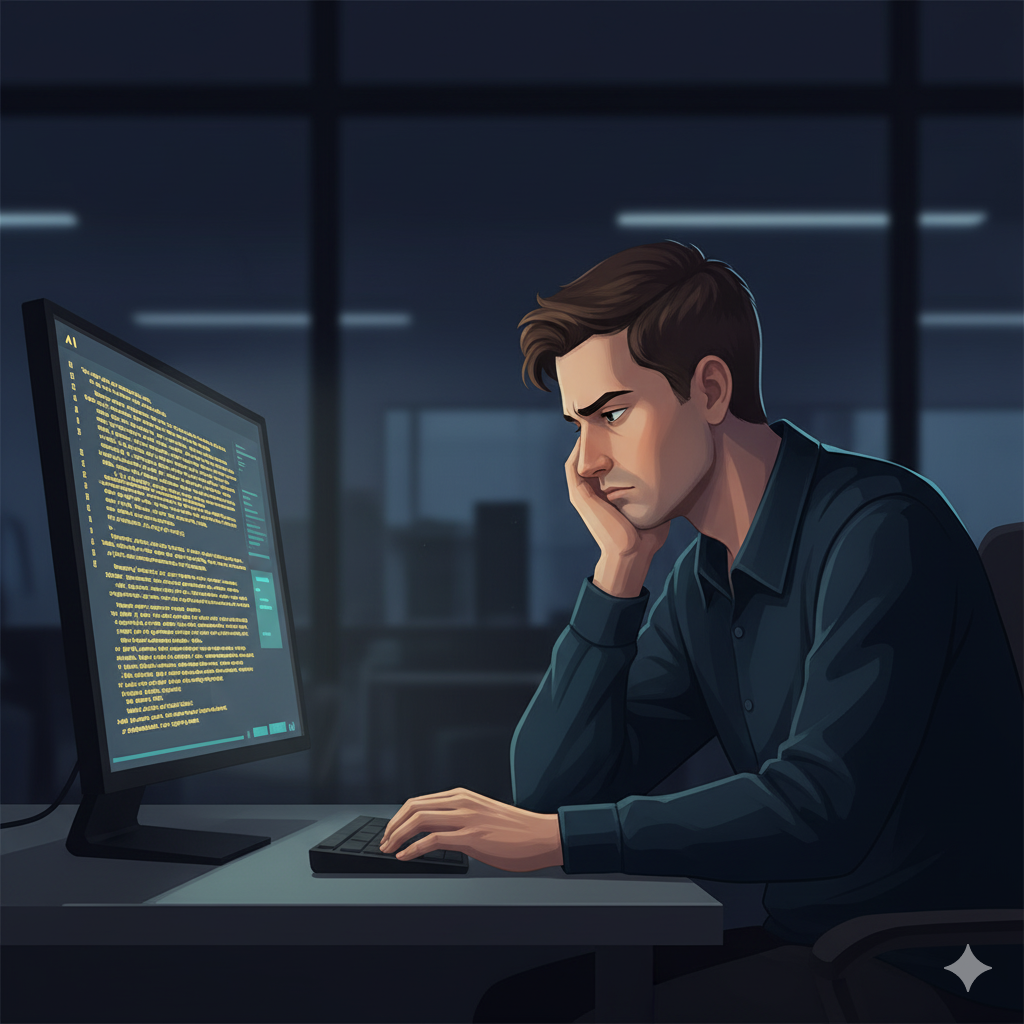 Osoba sfrustrowana wynikiem AI – za dużo tekstu, mało sensu