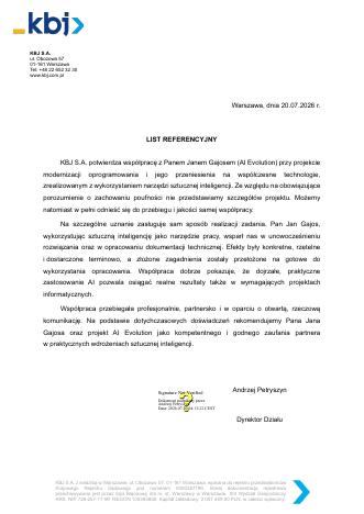 List referencyjny KBJ S.A. dla Jana Gajosa / AI Evolution
