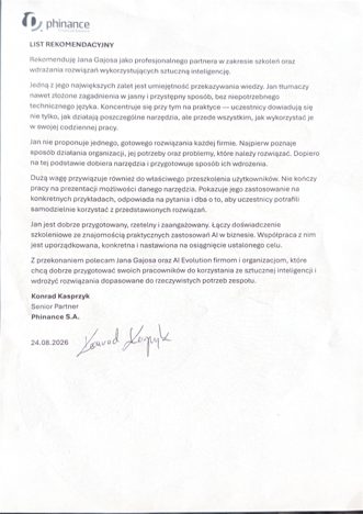 List rekomendacyjny Phinance S.A. dla Jana Gajosa / AI Evolution