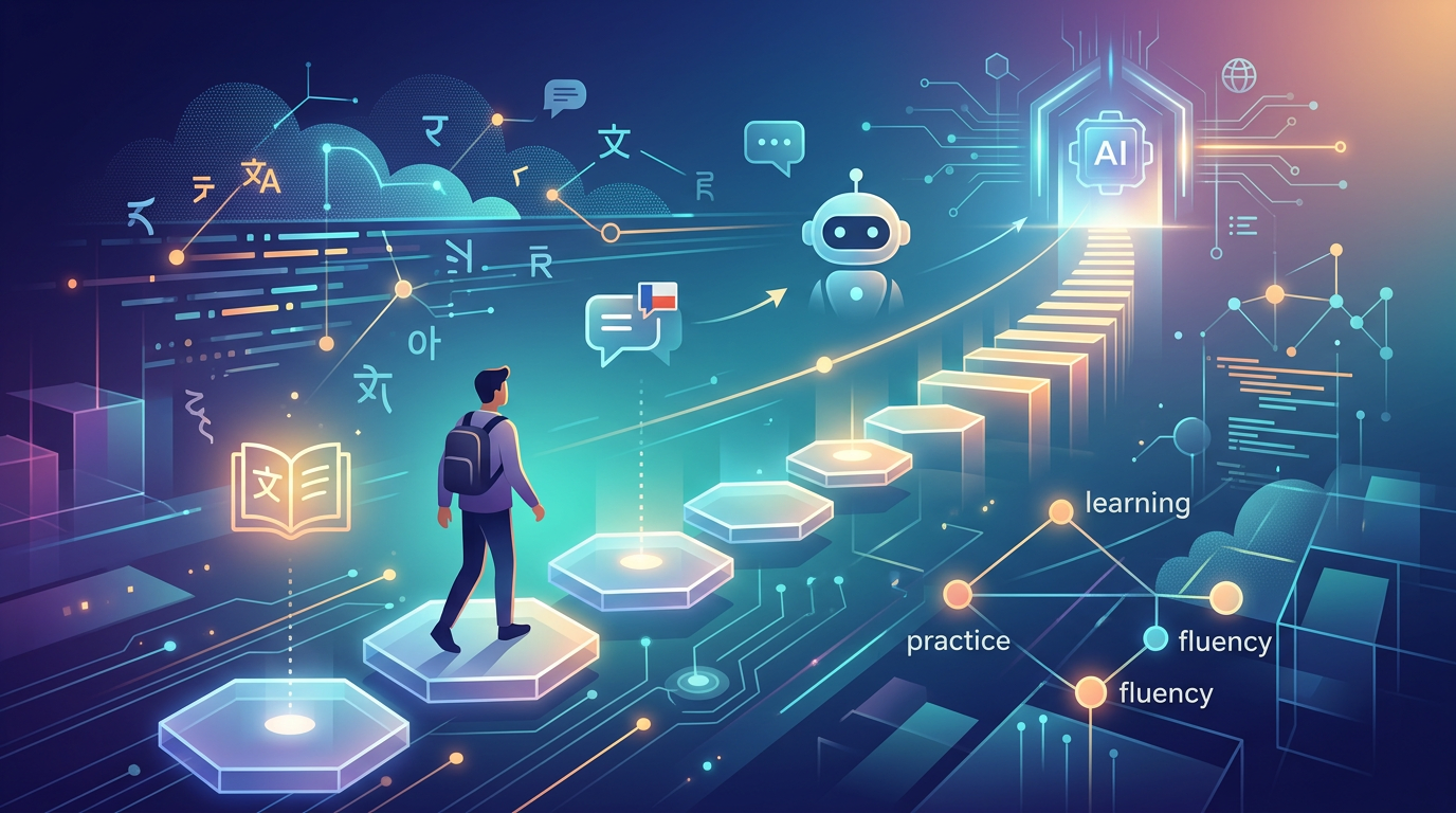 Grafika ilustrująca: Jak używać AI do nauki języków obcych – przewodnik krok po kroku