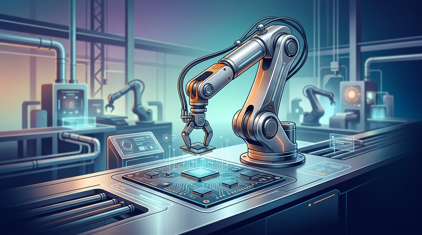 Grafika ilustrująca: 11 robotów przemysłowych z AI, które zmieniają fabryki w 2025