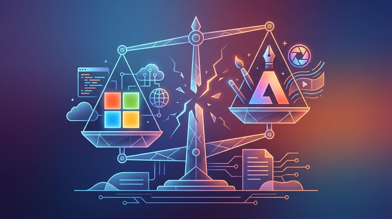 Grafika ilustrująca: Microsoft, AWS i Adobe walczą o prawa autorskie w Indiach