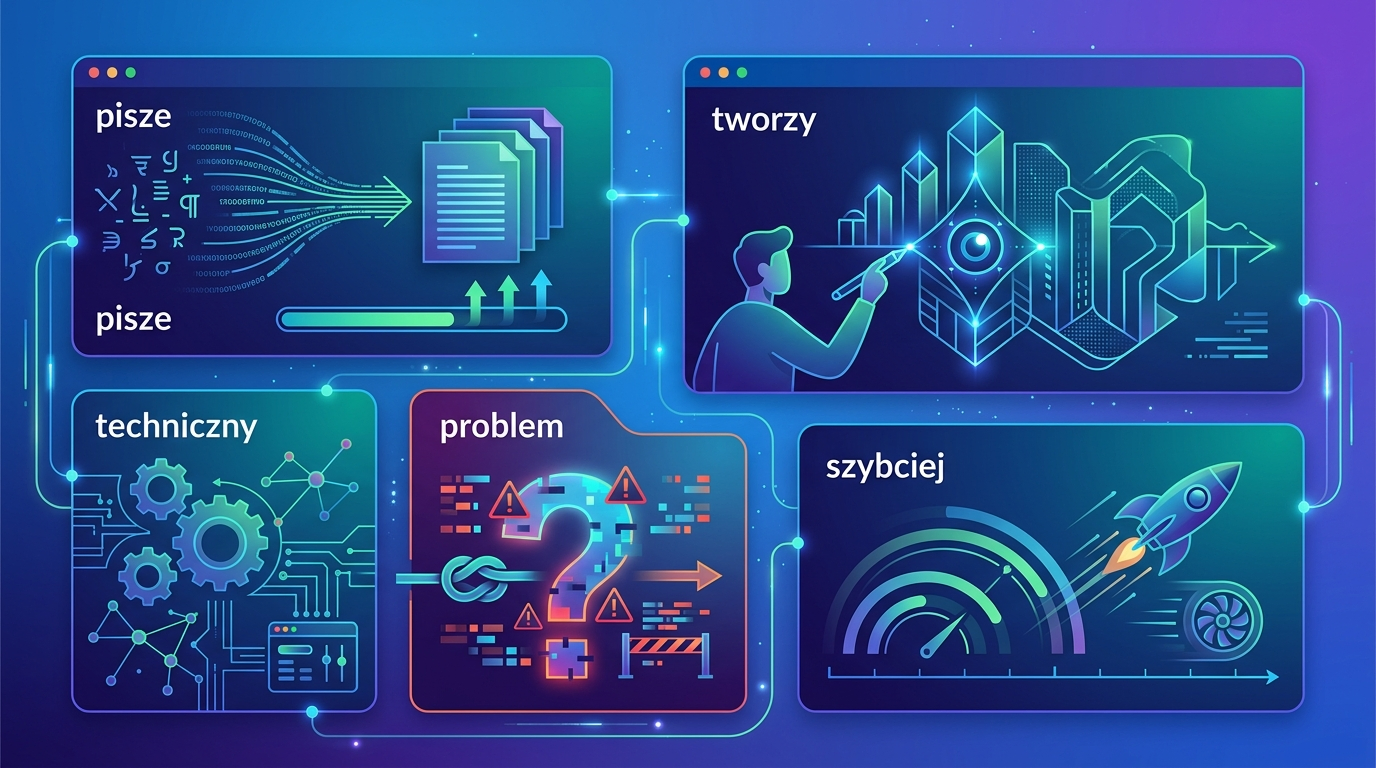 Grafika ilustrująca: AI pisze kod szybciej. Problem? Tworzy techniczny dług