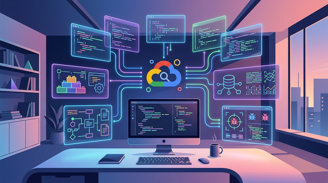 Grafika ilustrująca: Google AI Studio z logami i datasetami – debuguj modele łatwiej