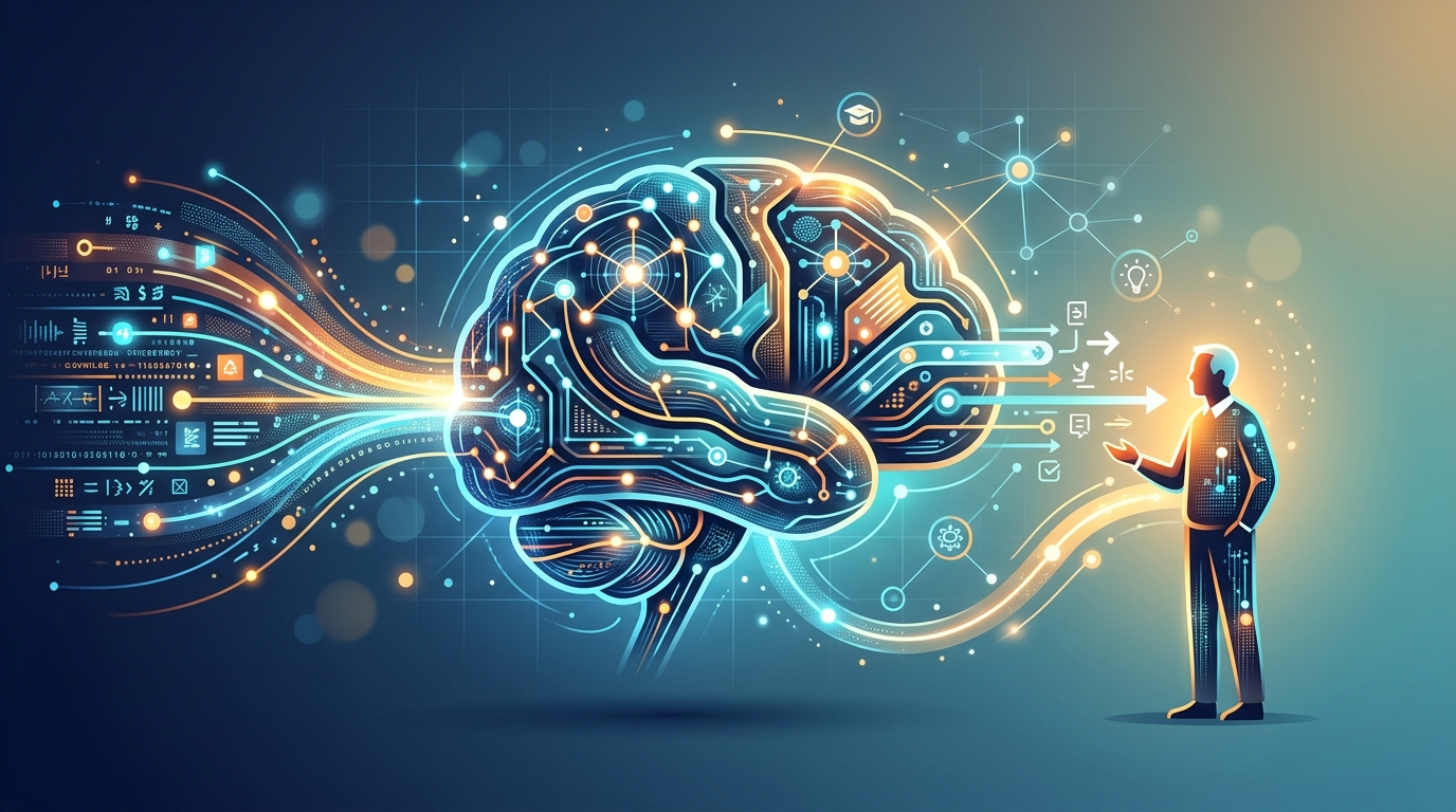 Grafika ilustrująca: Jak korzystać z AI będąc seniorem – przewodnik bez żargonu