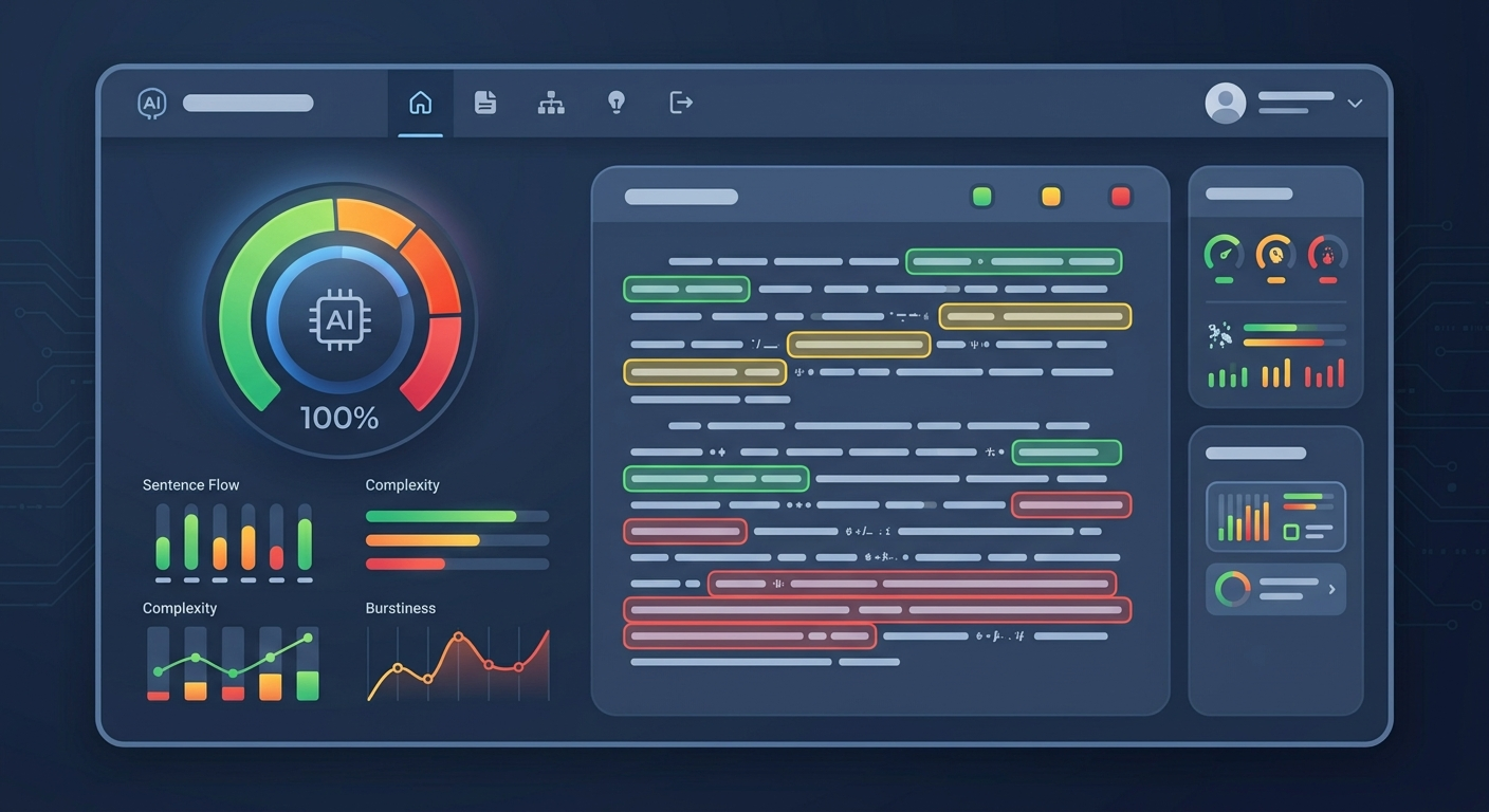 Typowy interfejs detektora AI – procenty, wykresy i zaznaczone fragmenty