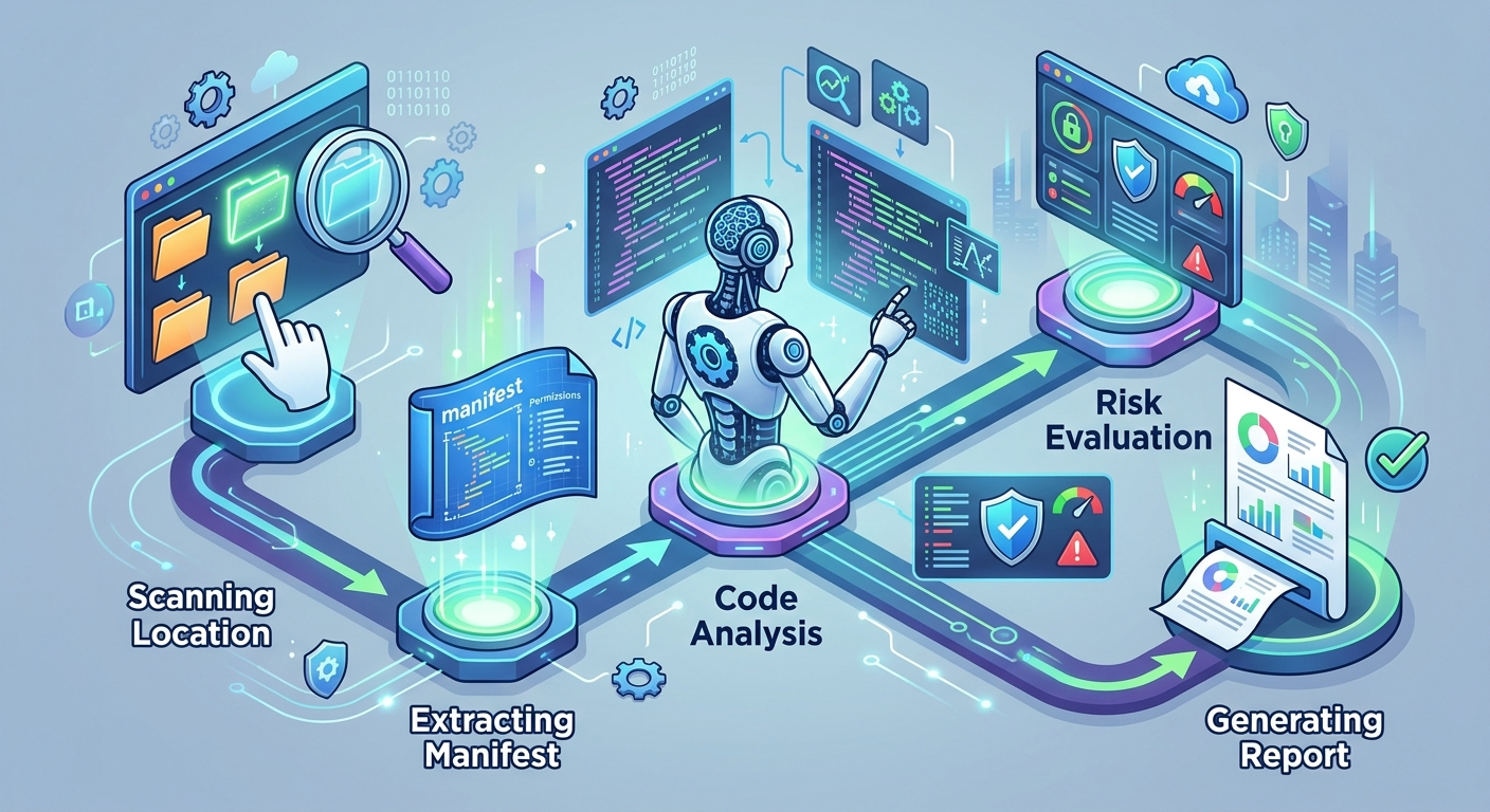 Schemat działania Claude Cowork podczas audytu rozszerzeń
