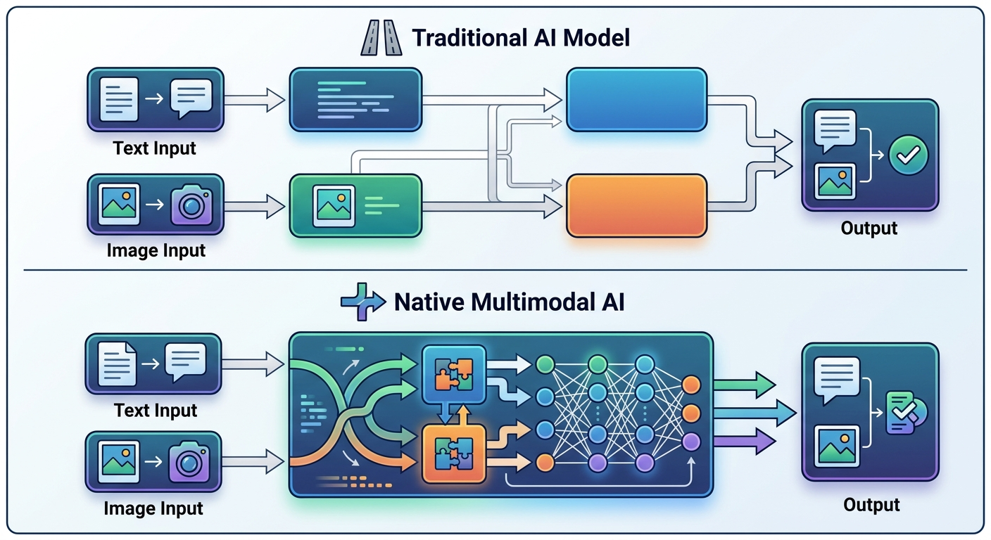 Różnica między tradycyjnym podejściem a natywną multimodalnością – jeden model zamiast kilku połączonych