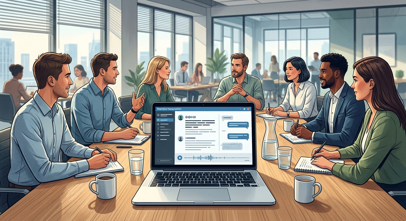 Otter.ai działa w tle spotkań — transkrybuje na żywo i taguje kluczowe momenty