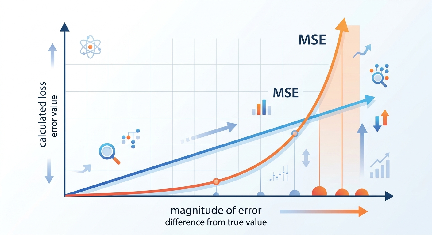 MSE karze duże błędy kwadratowo, MAE traktuje je liniowo — różnica widoczna szczególnie przy outlierach