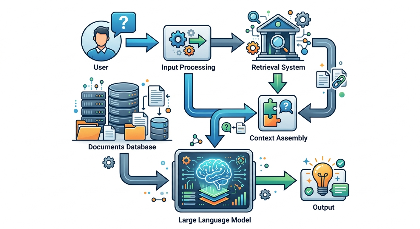 Schemat działania RAG – model dostaje kontekst przed odpowiedzią