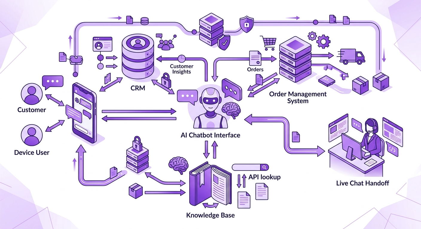 Schemat integracji chatbota z systemami firmowymi
