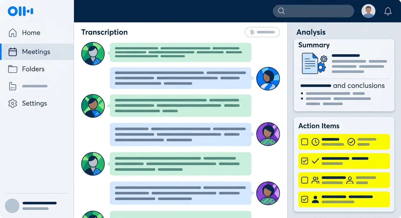 Interfejs Otter.ai z automatycznie wyciągniętymi zadaniami i podsumowaniem