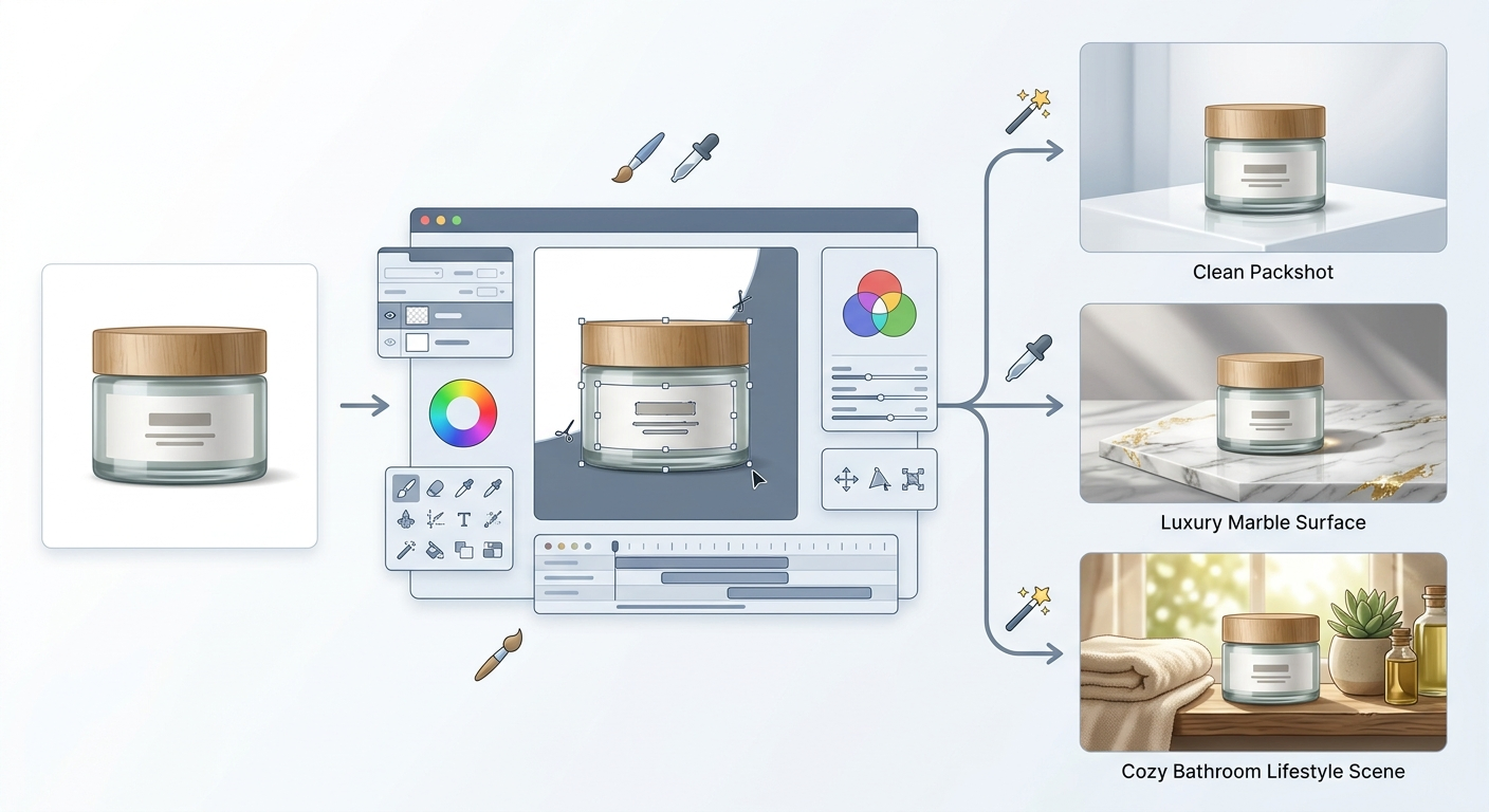 Jedno zdjęcie bazowe może dać kilka wariantów: packshot, tło premium i scenę lifestyle.