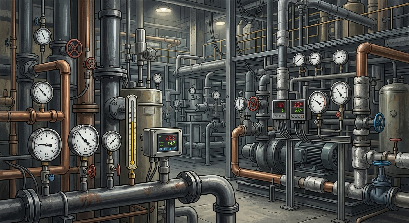 Typowa instalacja przemysłowa: mix analogowych i cyfrowych wskaźników