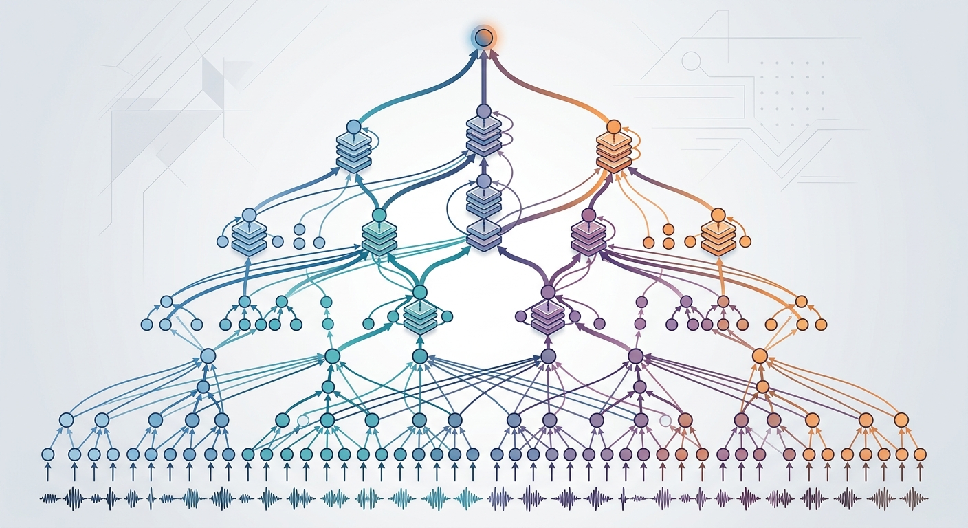 WaveNet łączy informacje hierarchicznie – każda warstwa poszerza kontekst