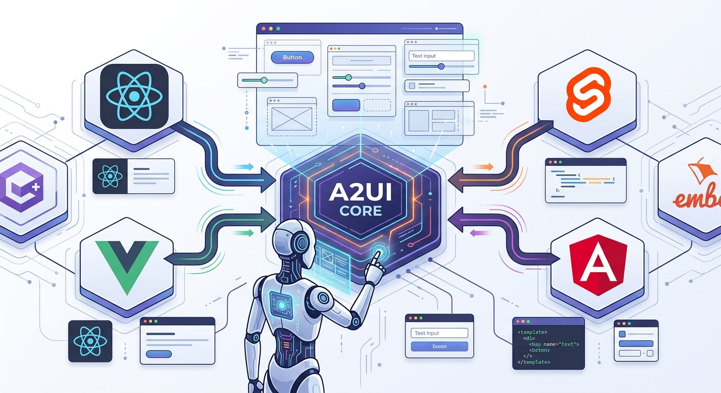 A2UI działa jako warstwa pośrednia między agentem AI a różnymi frameworkami frontendowymi