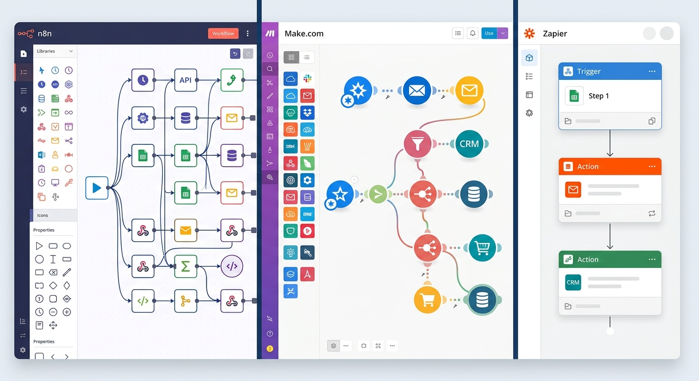 Trzy podejścia do automatyzacji: n8n (węzły), Make (flowchart), Zapier (trigger-action)