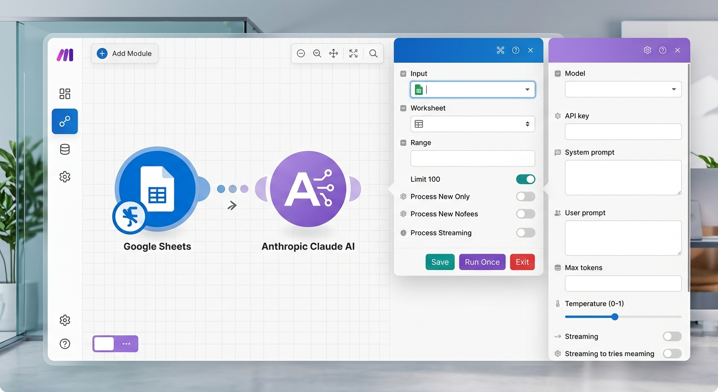 Workflow w Make: Google Sheets → Claude AI → zapis wyniku