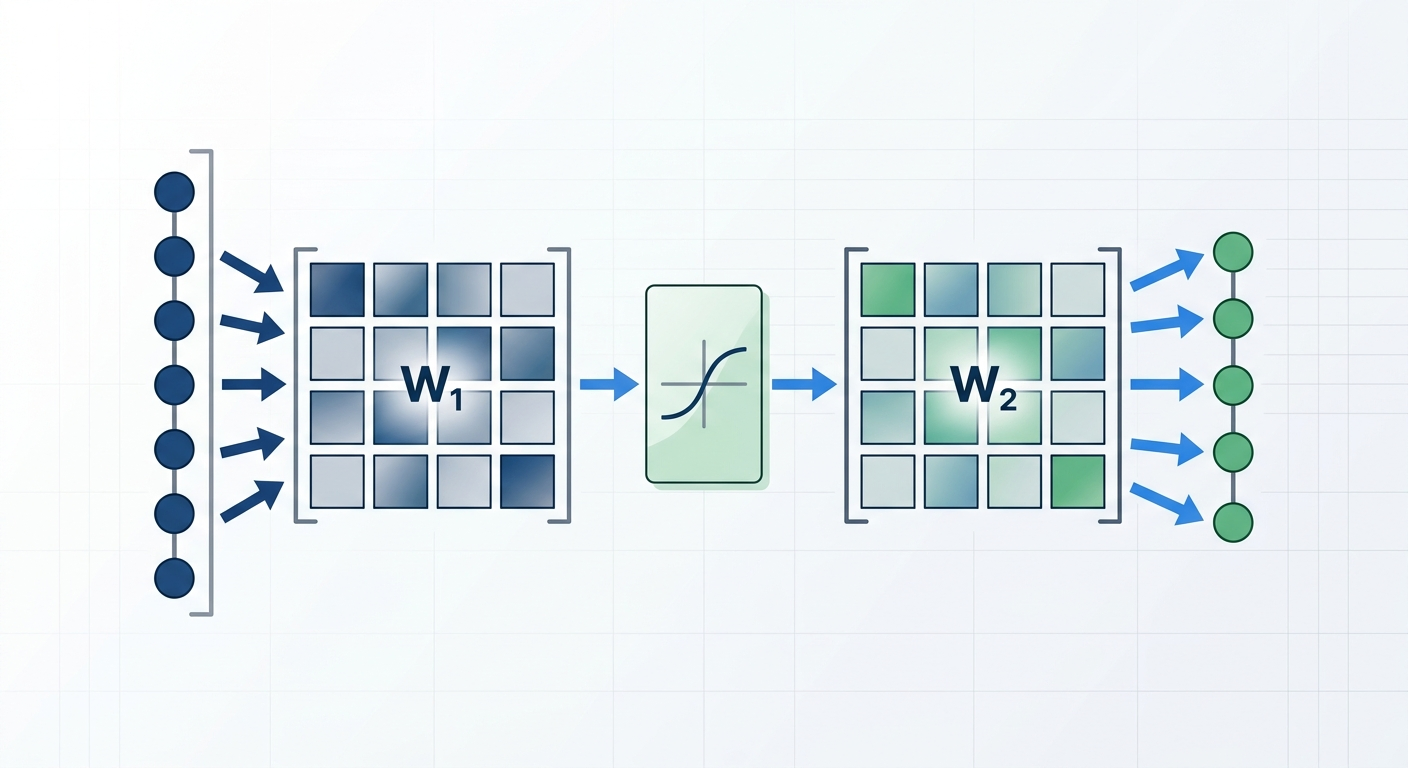 Struktura MLP – dwa mnożenia macierzy i funkcja aktywacji pomiędzy
