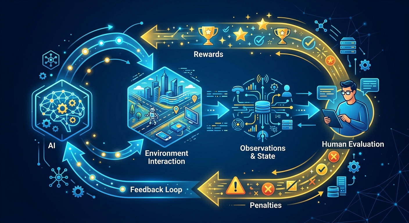Cykl uczenia ze wzmocnieniem: model generuje odpowiedź, człowiek ocenia, system przydziela nagrodę lub karę