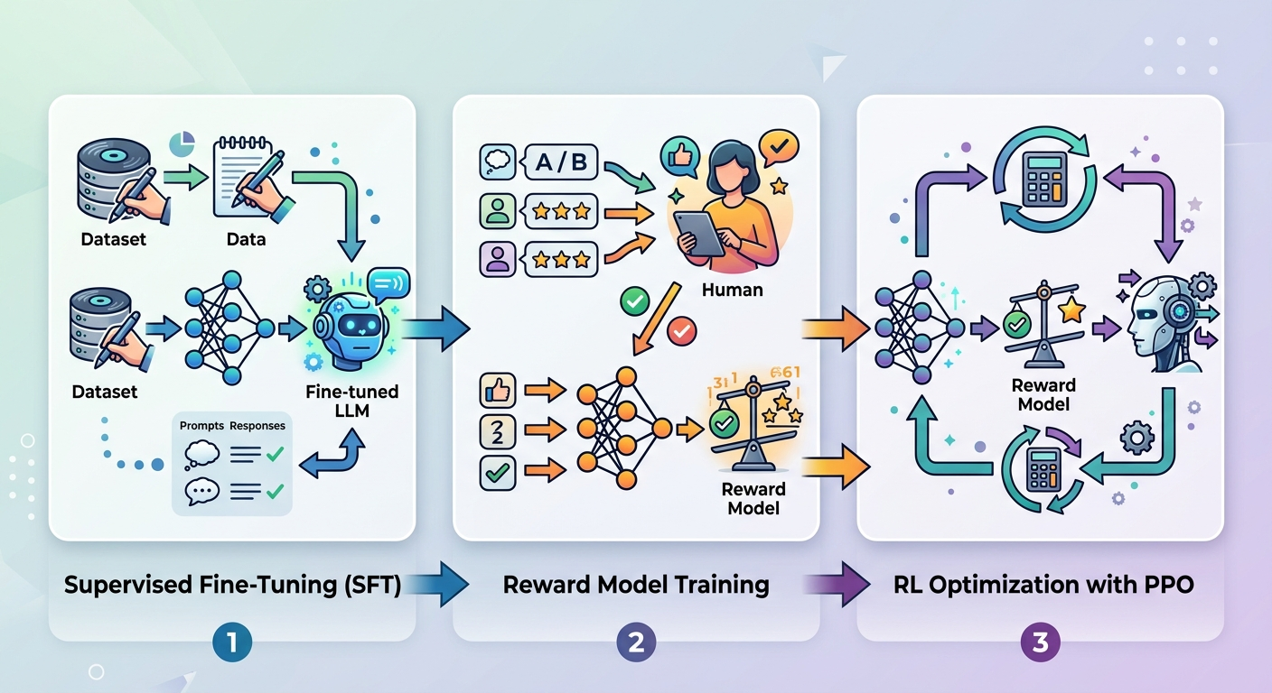 Trzy etapy RLHF: uczenie nadzorowane, trening modelu nagrody, optymalizacja przez RL