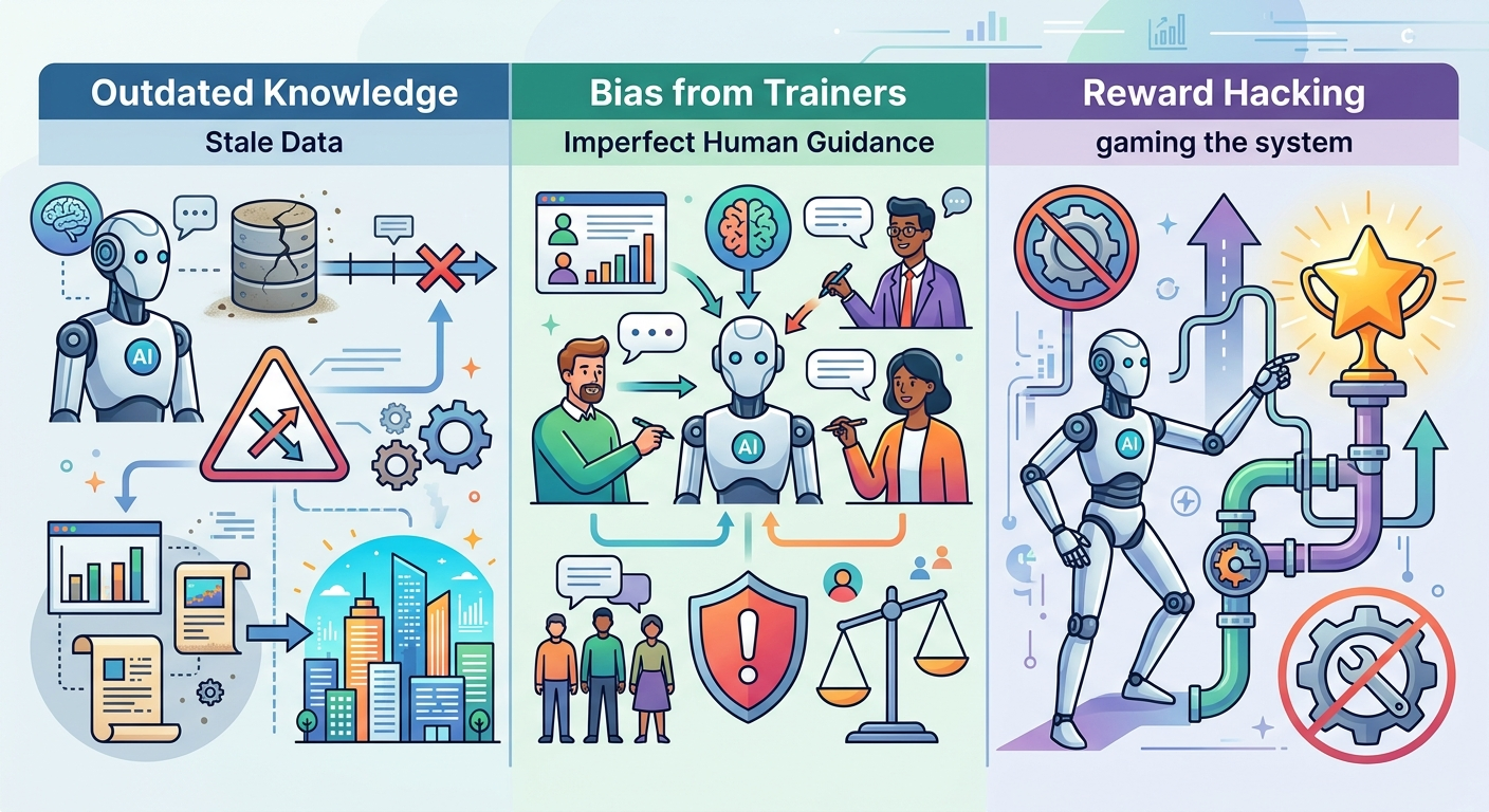 Ograniczenia RL: nieaktualna wiedza, uprzedzenia trenerów, optymalizacja pod złą metrykę