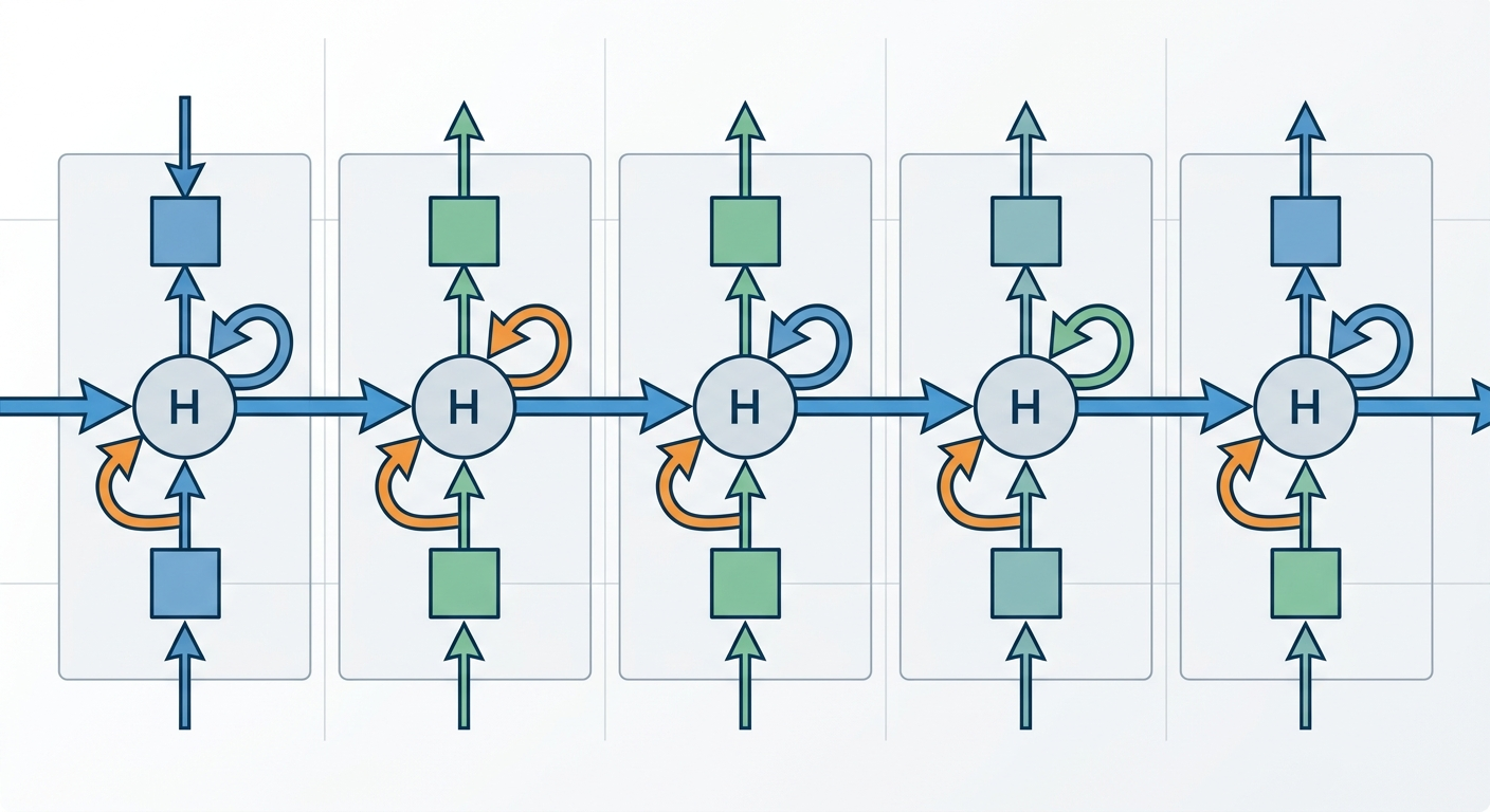 Schemat działania sieci rekurencyjnej – każdy krok "pamięta" poprzednie