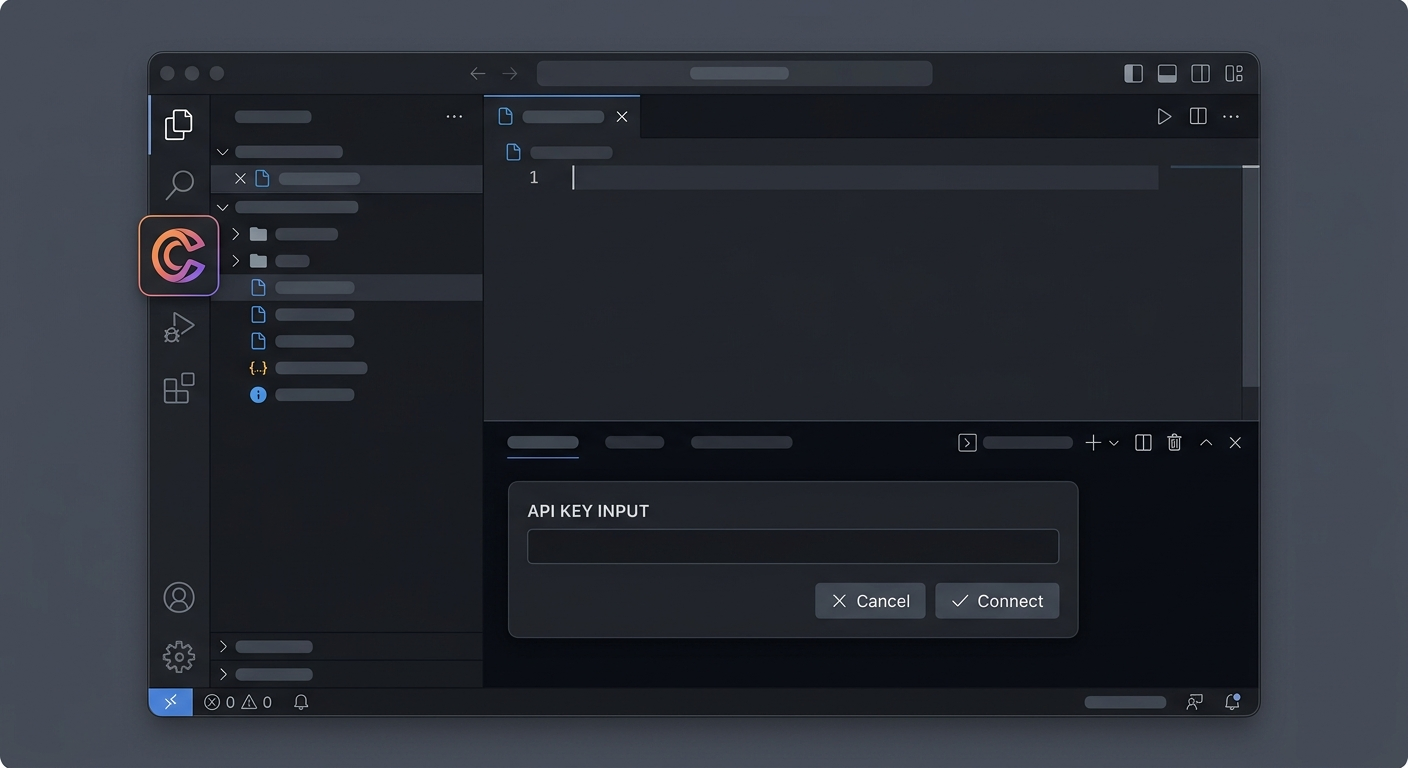 Interfejs Claude Code w VS Code — ikona w lewym panelu i prompt o klucz API