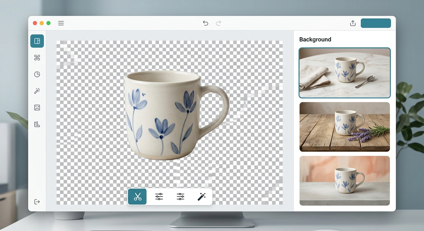 Interfejs Photoroom — po lewej produkt bez tła, po prawej warianty AI-generowanych kontekstów