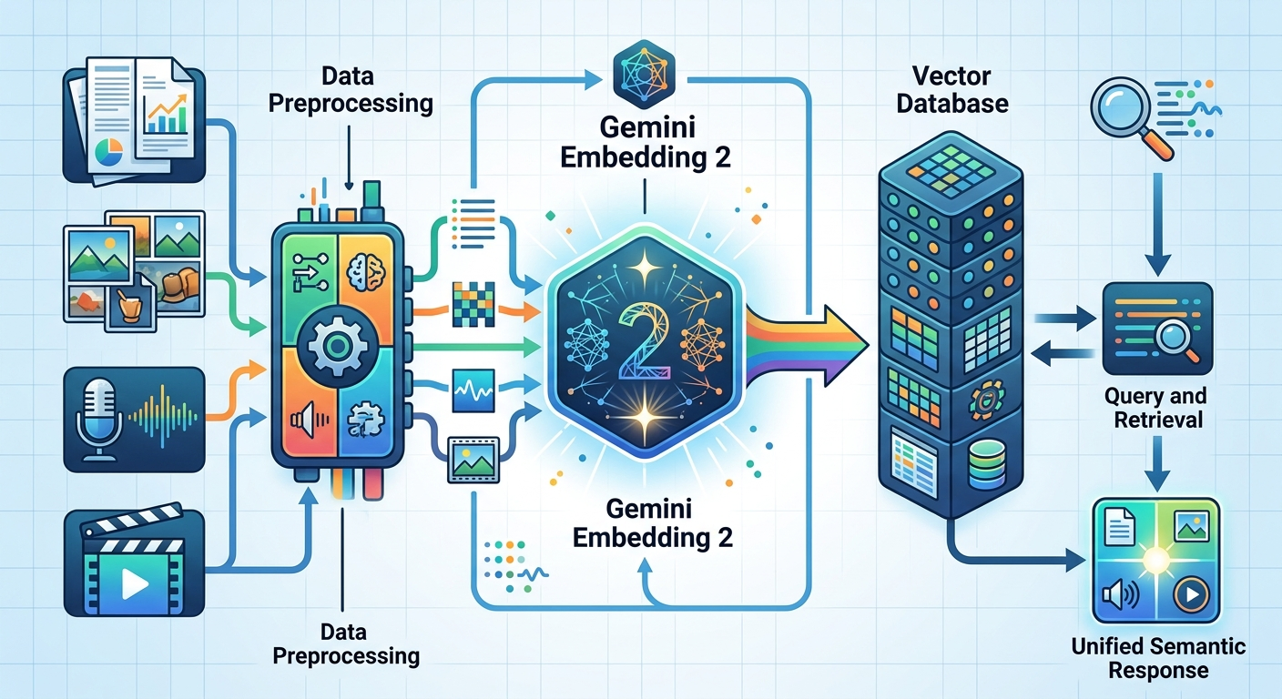 Architektura systemu RAG z Gemini Embedding 2 — jeden model dla wszystkich formatów