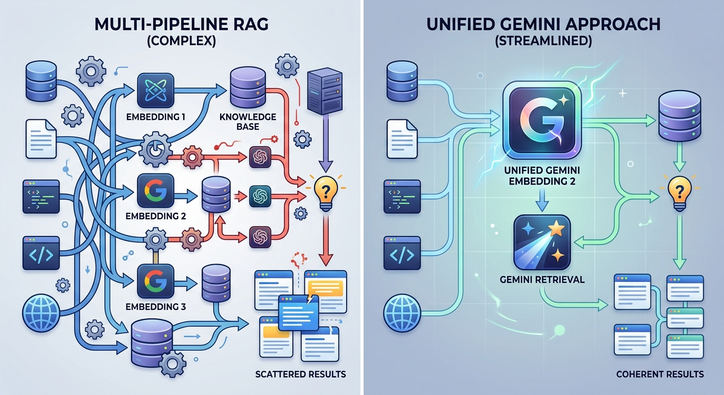 Tradycyjny RAG z osobnymi pipeline'ami vs. ujednolicone podejście Gemini Embedding 2
