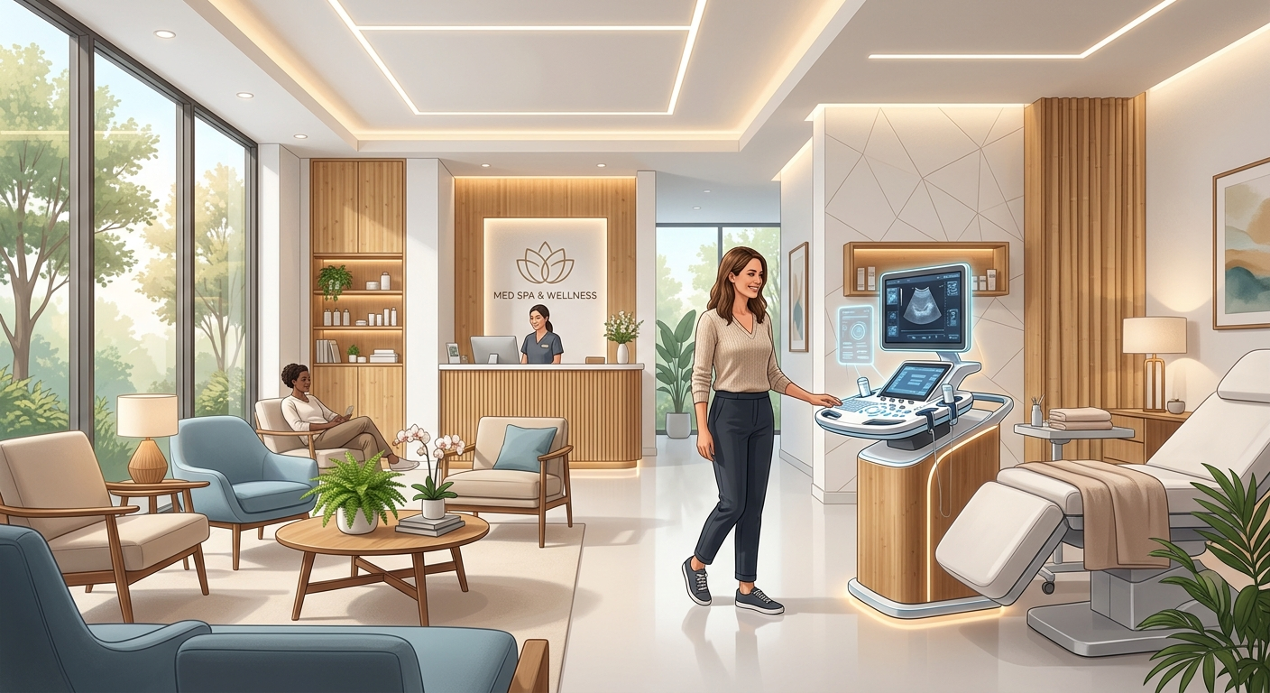 Wizja spa Midjourney - diagnostyka medyczna w przestrzeni zaprojektowanej jak wellness center