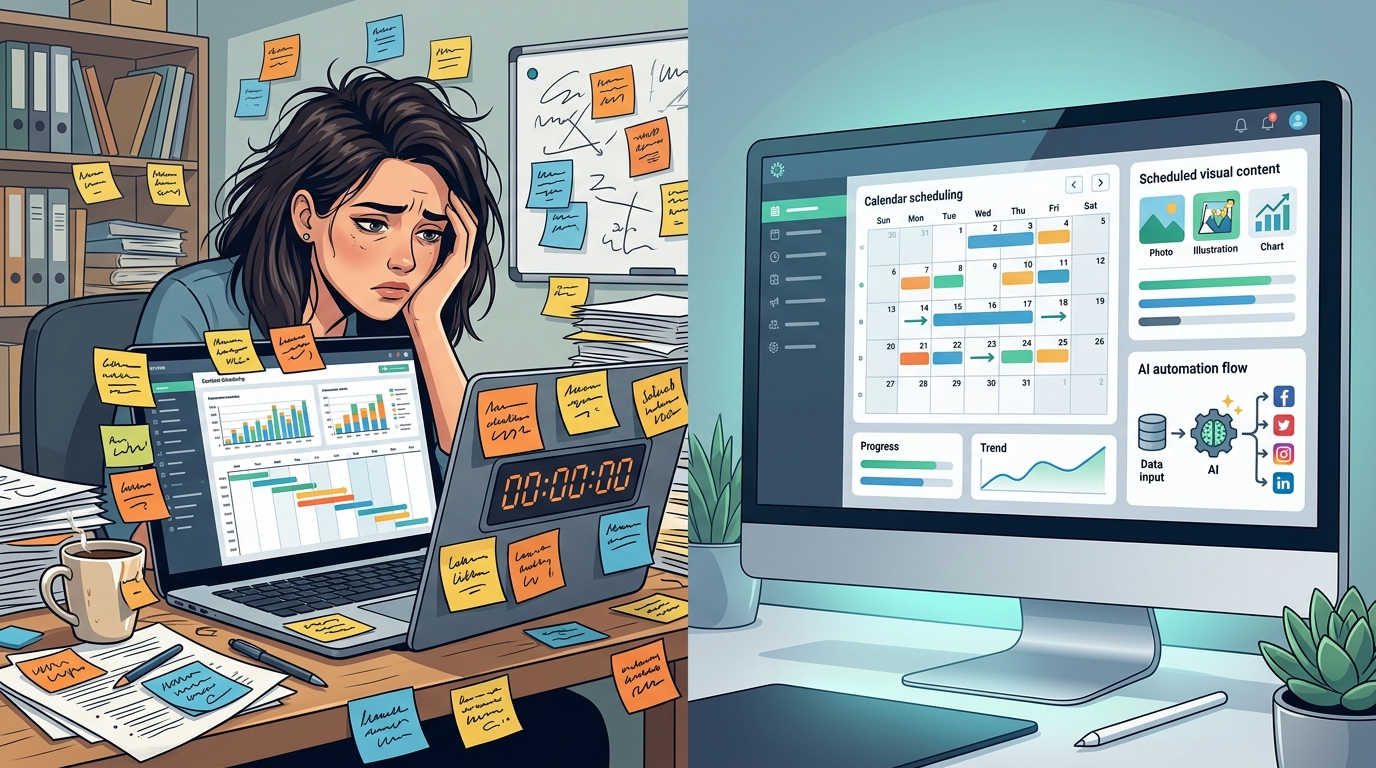 Różnica między chaosem ręcznego tworzenia contentu a zorganizowanym workflow z AI
