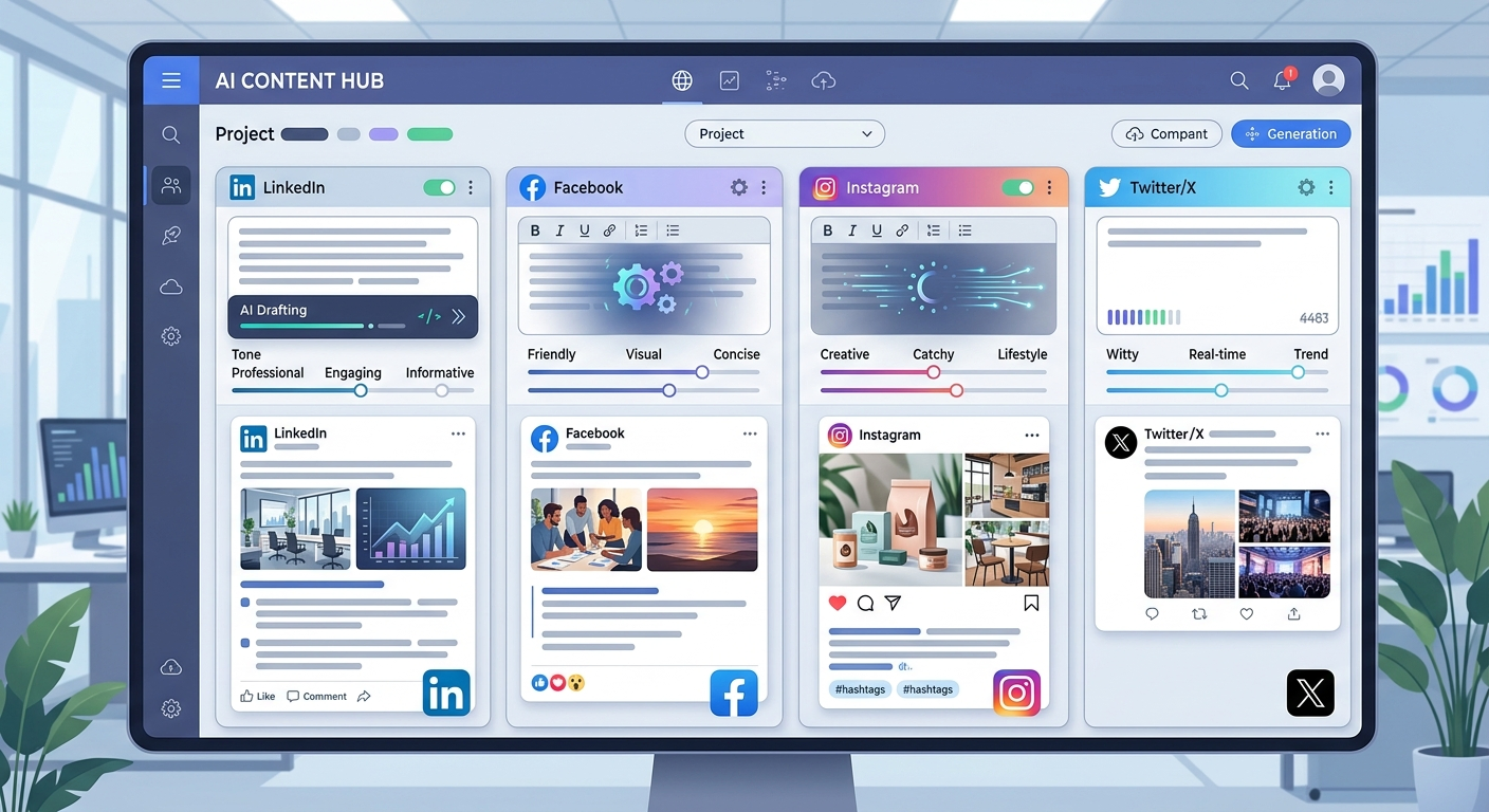 Narzędzia AI pozwalają generować warianty postów dostosowane do różnych platform