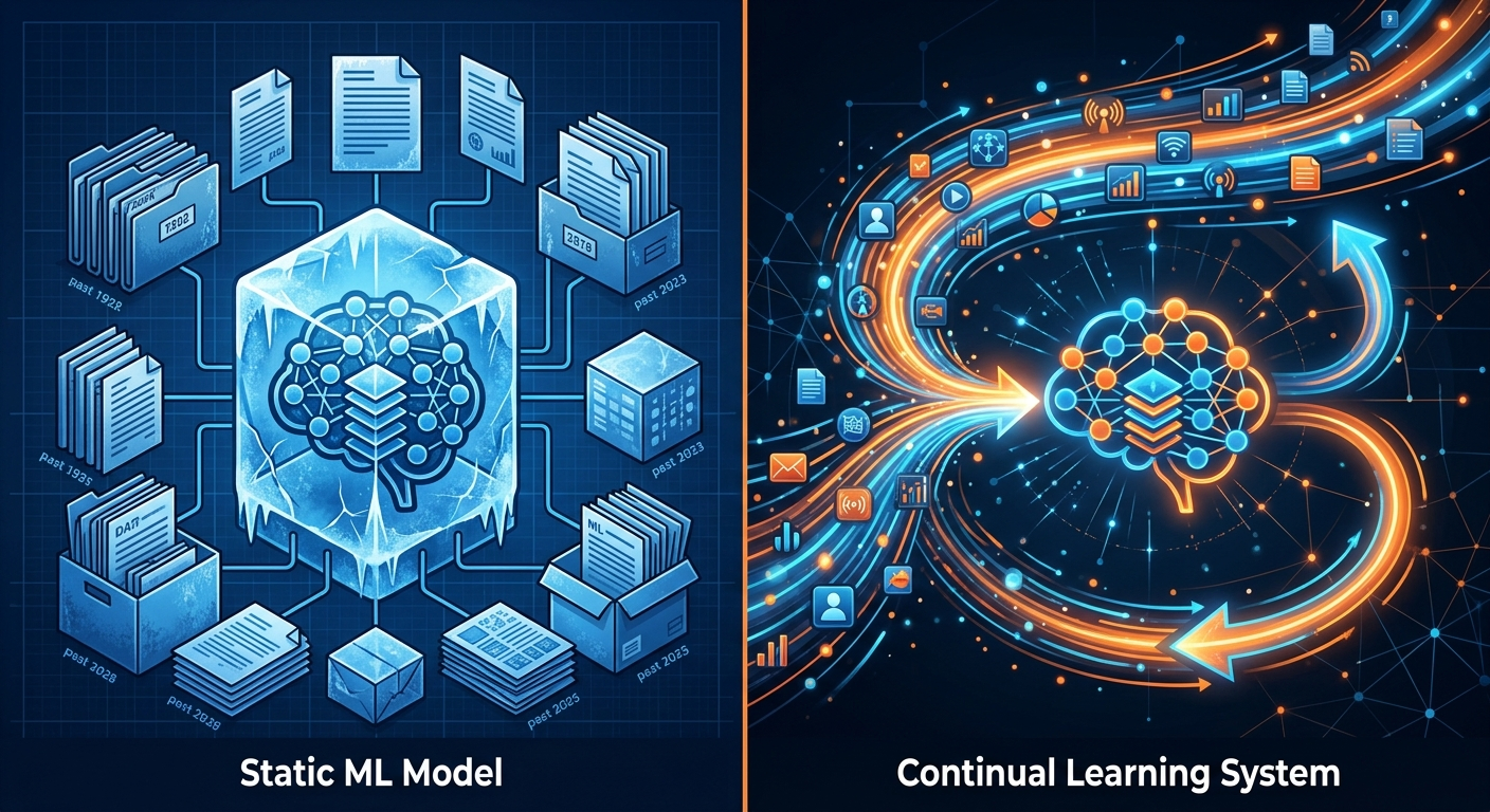 Różnica między statycznym modelem a systemem continual learning