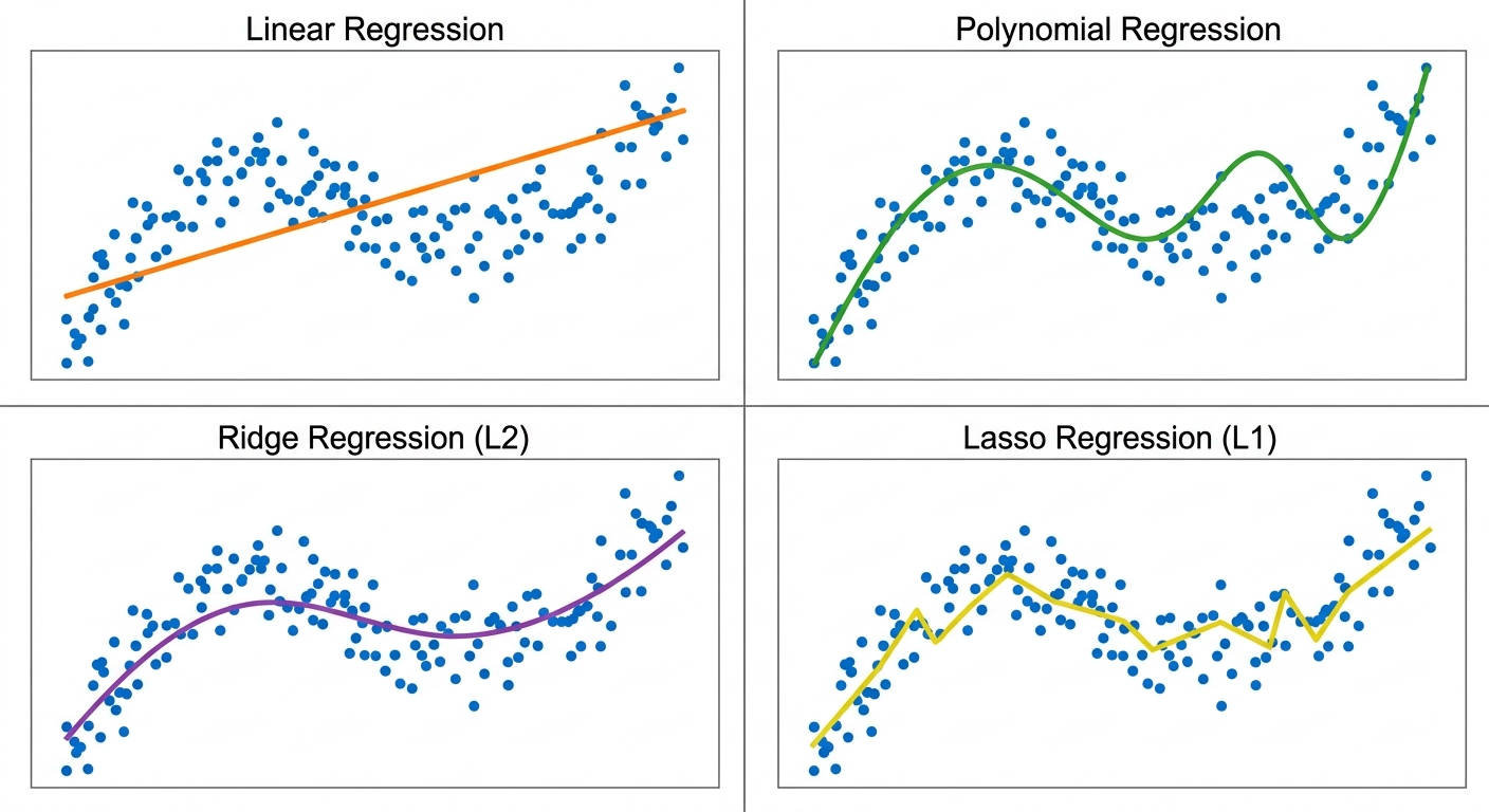 Cztery metody regresji w Scikit-learn - każda radzi sobie inaczej z tymi samymi danymi
