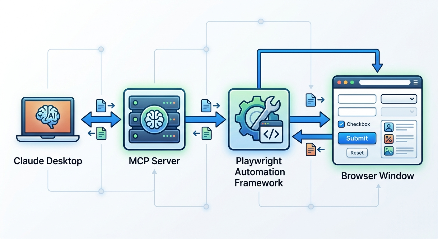 Architektura agenta: Claude Desktop wywołuje funkcje Playwright przez serwer MCP