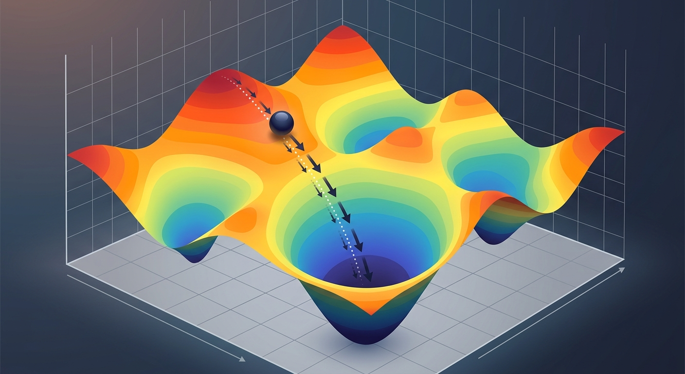 Funkcja kosztu jako krajobraz - gradient descent szuka najniższego punktu