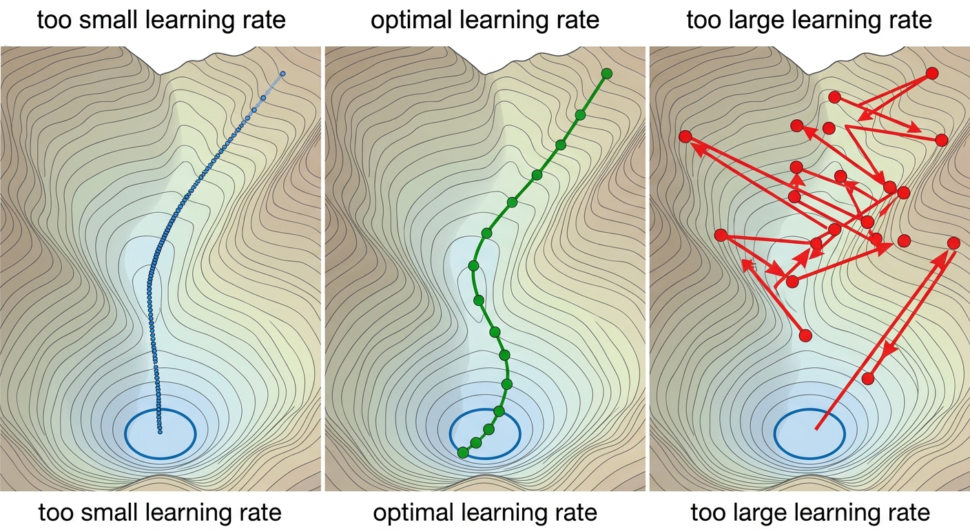 Learning rate - za mały, optymalny, za duży. Rozmiar kroku ma znaczenie.
