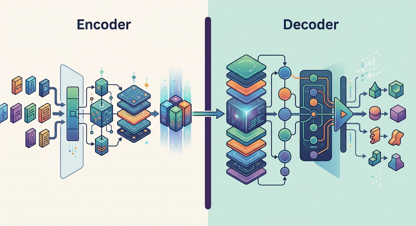Encoder przetwarza wejście, decoder pomaga zbudować wynik - to prosty sposób patrzenia na architekturę.