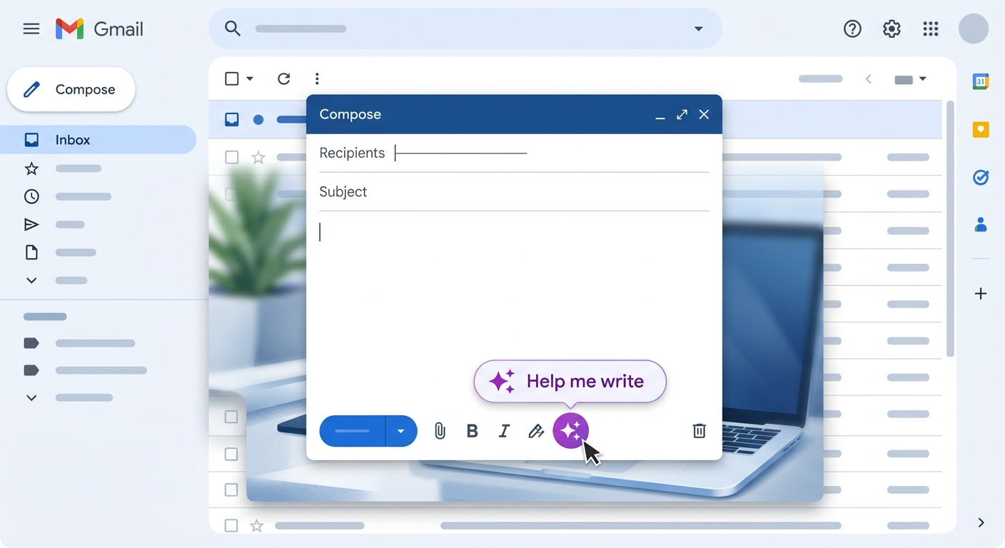 Przycisk "Help me write" pojawia się w oknie tworzenia nowej wiadomości w Gmailu