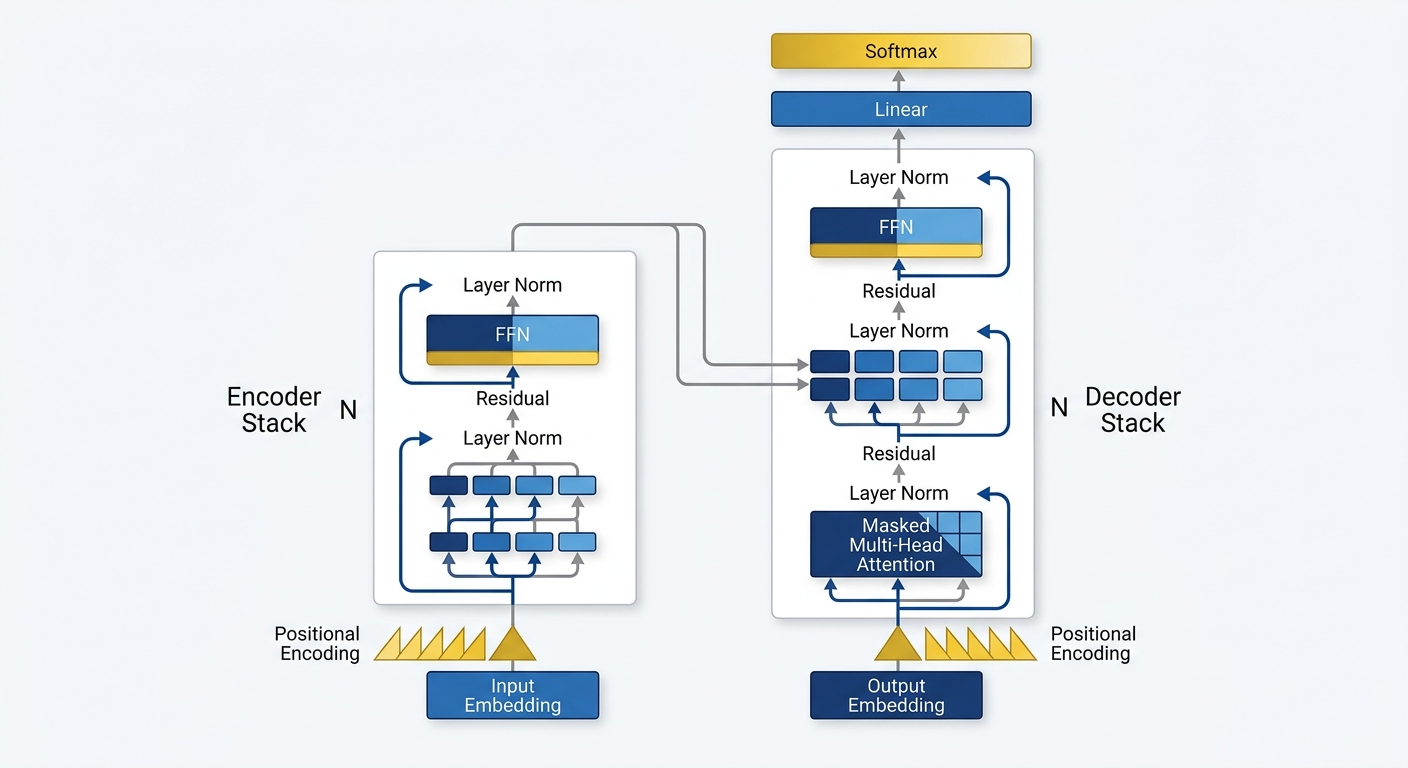 Podstawowa architektura transformera z blokami encoder-decoder
