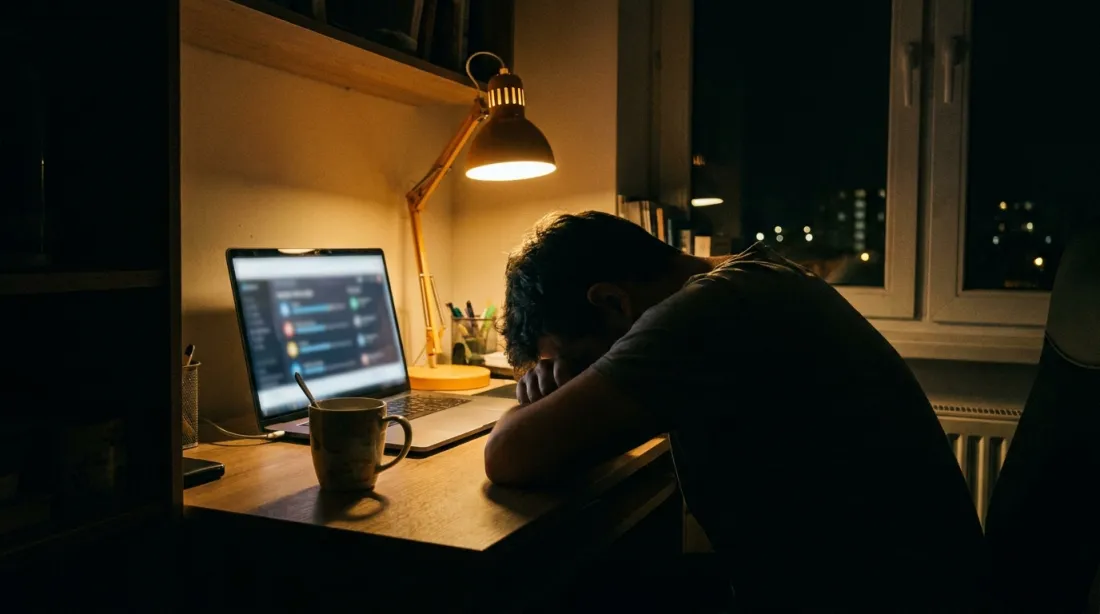 Zniechęcona osoba przy laptopie z niedokończonym kursem online, nocą