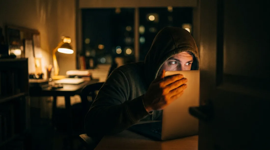 Osoba ukradkiem korzystająca z AI, zasłaniająca ekran laptopa